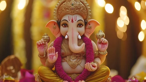 Ganesha Statue with Pink Garland