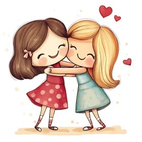 Cartoon Girls Affectionate Embrace Artwork