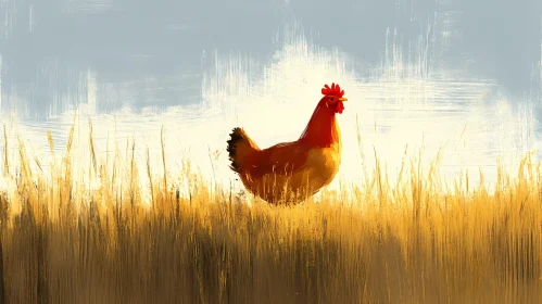 Chicken at Sunset in a Field