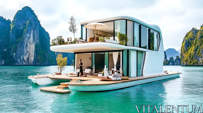 AI ART Stylish Floating House in Serene Waters Amidst Majestic Cliffs