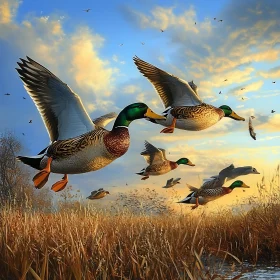 Flock of Ducks in Flight