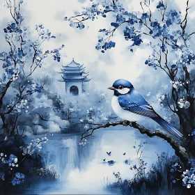 Blue Bird and Pagoda Reflection