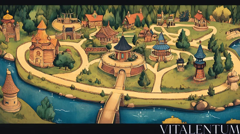 Picturesque Riverside Village Illustration AI Image