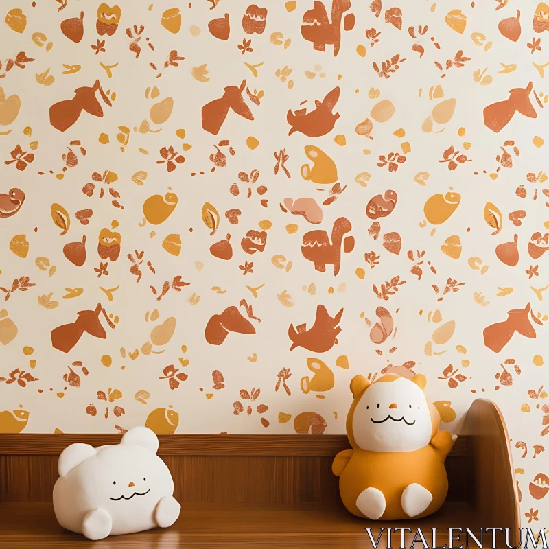 Whimsical Animal-Themed Wallpaper and Plush Toys AI Image