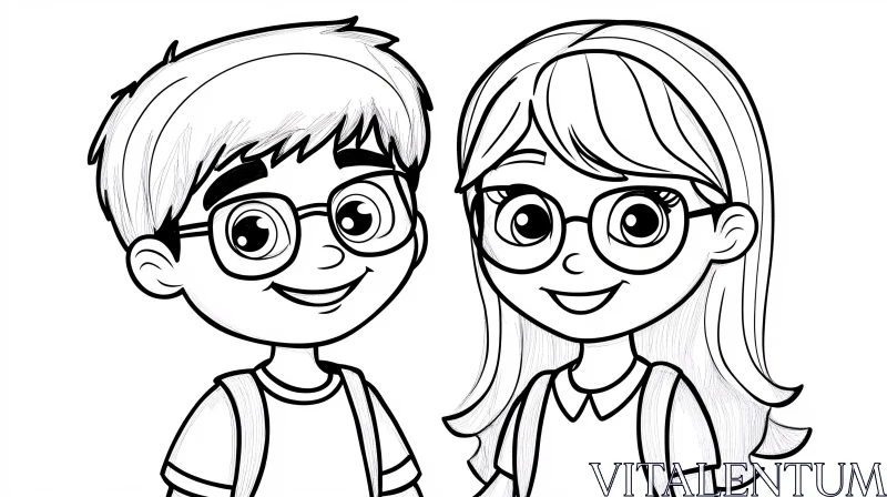 Smiling Boy and Girl Cartoon Drawing AI Image