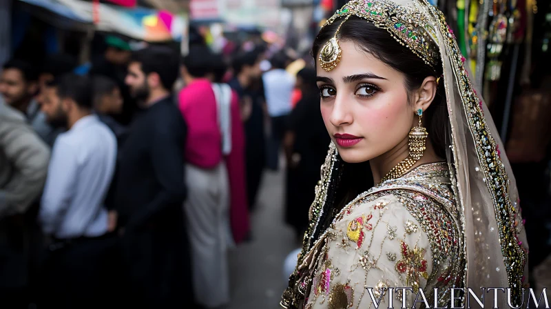 Woman in Traditional Dress in Crowded Street AI Image