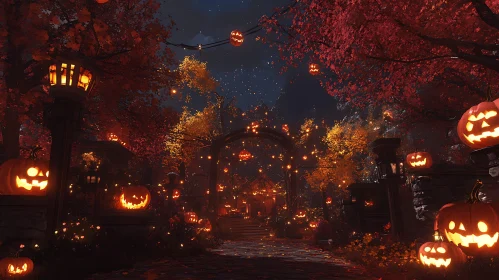 Autumnal Halloween Pumpkin Pathway at Night