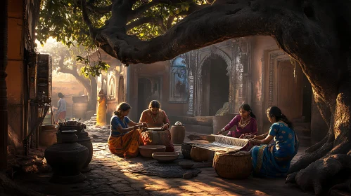 Indian Women Weaving Under Sunlight