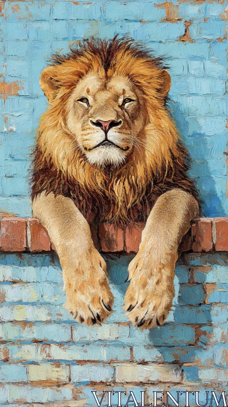 AI ART Regal Lion on Brick with Blue Wall