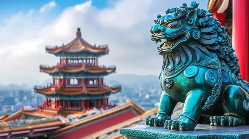 Bronze Lion Statue Overlooking Pagoda