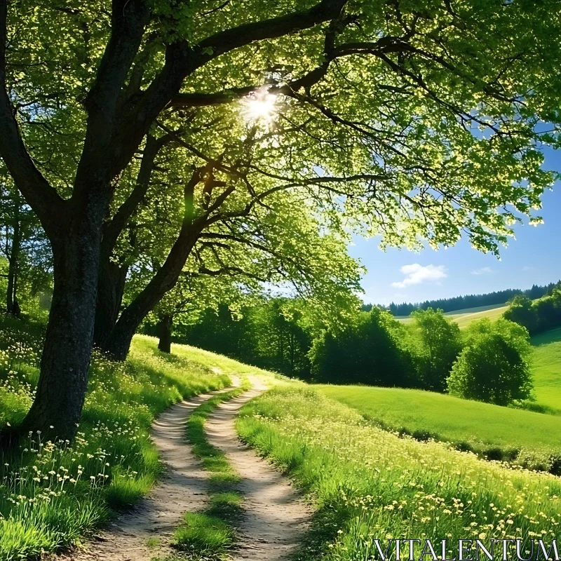 Tranquil Forest Path under Sunlit Canopy AI Image