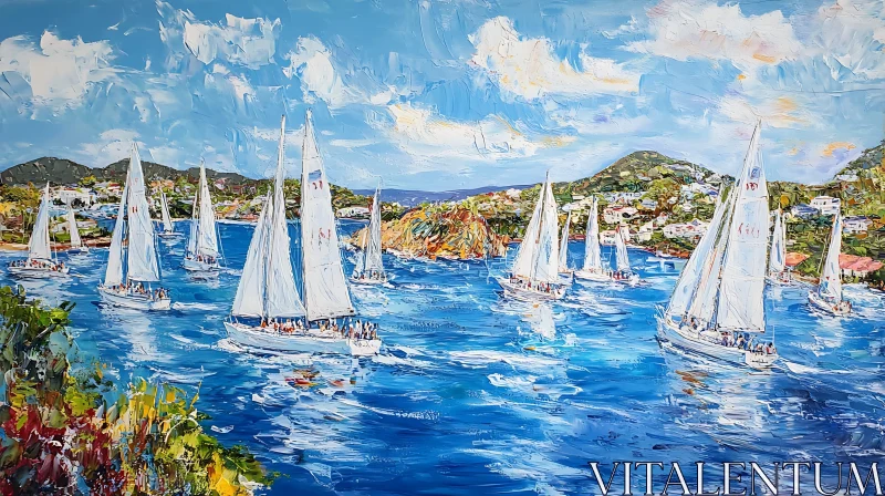 AI ART Seascape with Sailboats on Blue Water