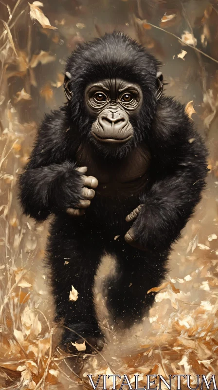 Gorilla Cub amidst Golden Leaves AI Image