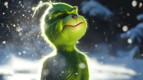 Green Character in Snowy Scene