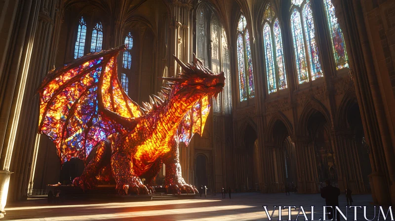 Stained Glass Dragon in Ancient Cathedral AI Image