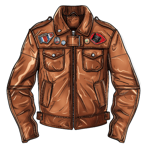 Brown Leather Jacket with Eclectic Patches and Metal Embellishments POD Design