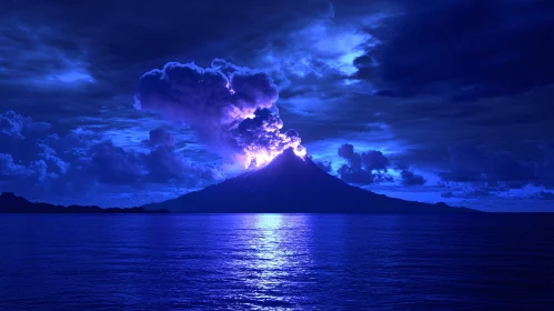 Volcano Erupting at Night with Ocean Reflections