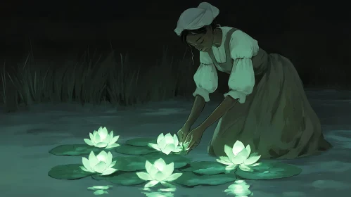 Woman with Luminous Water Lilies