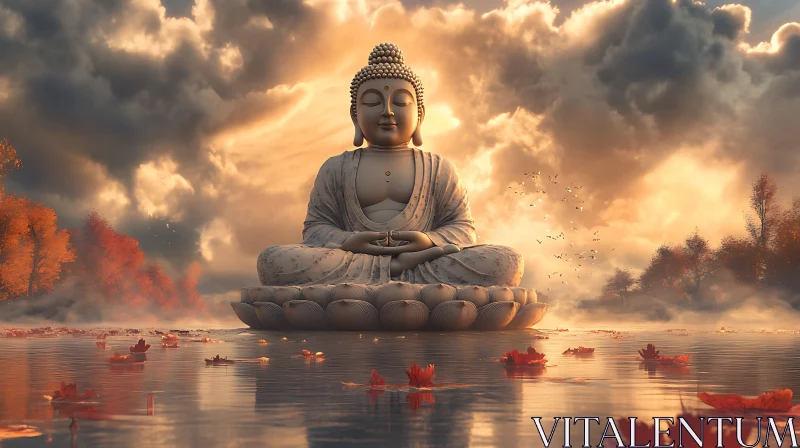 Buddha in Meditation by Lake AI Image