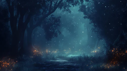 Mystical Forest Path with Fireflies