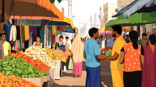 Vibrant Market Artwork with Crowds