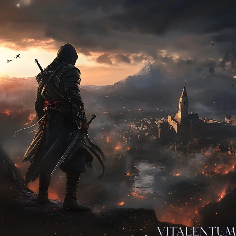 Hooded Warrior in a Dark Fantasy Landscape AI Image