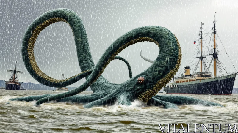 Captivating Digital Painting of a Giant Octopus Attacking a Ship AI Image