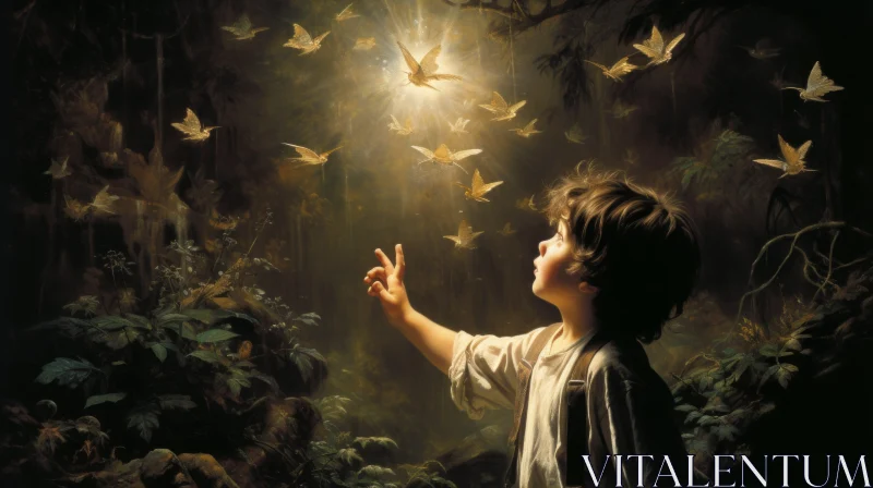 Captivating Forest Artwork: A Young Boy Amidst Majestic Trees and Soaring Birds AI Image