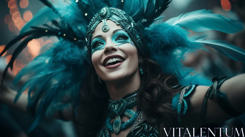 AI ART Carnival Euphoria: Woman Dancing in Blue Feather Costume