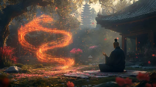 Monk in Zen Garden with Ethereal Light