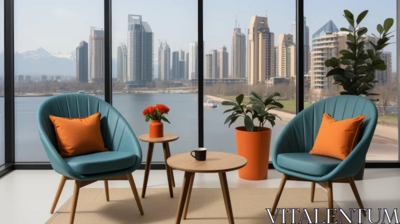 City Harbor View from Elegant Sitting Room with Botanical Impressions AI Image