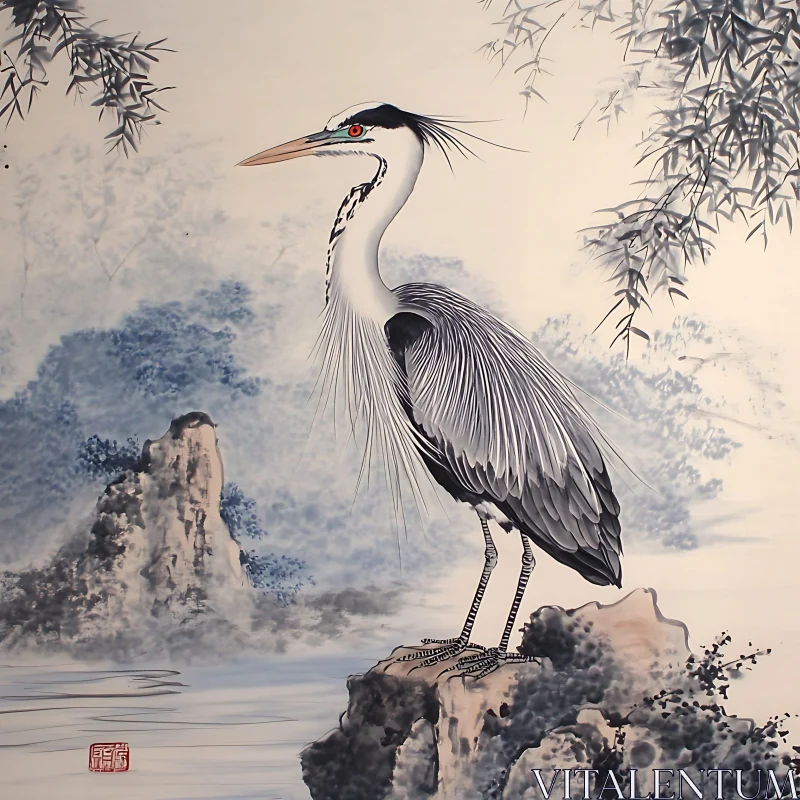 Heron on Rock - Asian Style Artwork AI Image