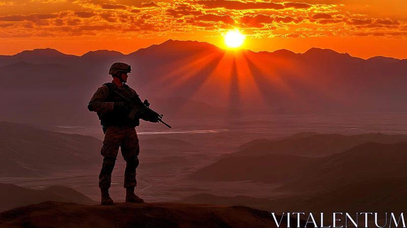 Sunset Watch: Soldier on Mountain Peak AI Image