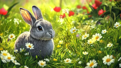 Charming Bunny Among Spring Flowers