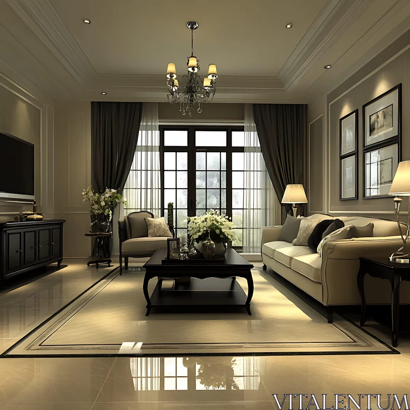 Luxurious Living Room Decor Featuring Modern Chandelier and Sofa AI Image