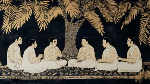 Men in Contemplation Beneath Gilded Tree