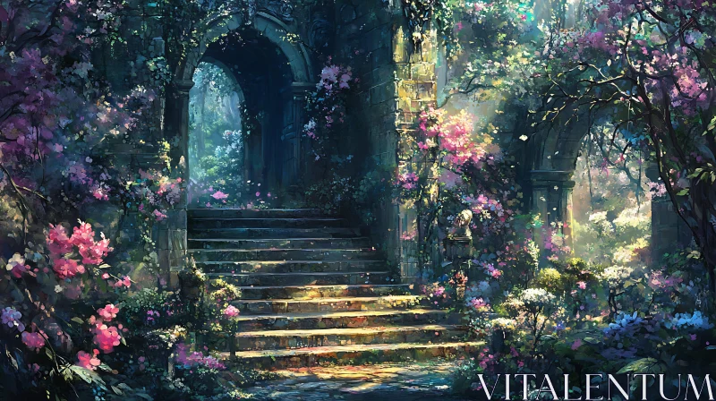 Floral Archway and Stone Steps AI Image