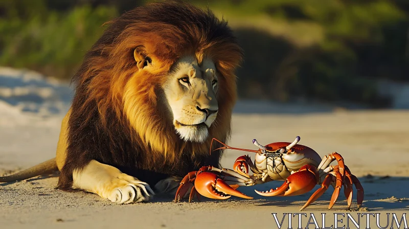 AI ART Beach Encounter: Lion and Crab