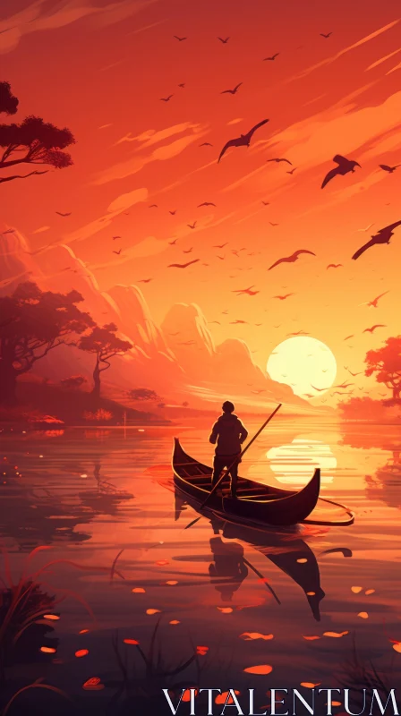 Graceful Canoeing at Sunset: Captivating Nature Illustrations AI Image