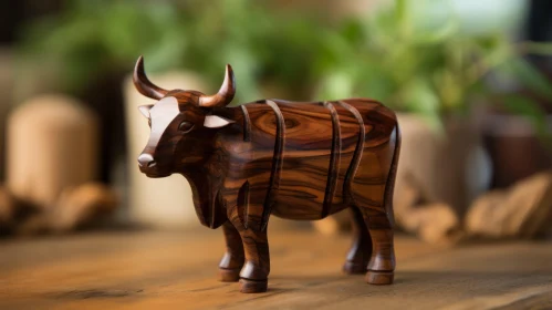 Intricate Wooden Cow Sculpture on Table – Sustainable Decorative Art