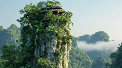 Scenic Rocky Peak Landscape with Lush Green Vegetation and a Small House