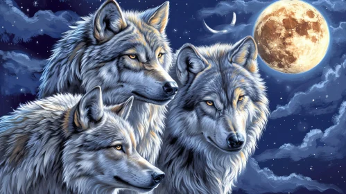 Stunning Painting of Three Wolves in Front of a Full Moon