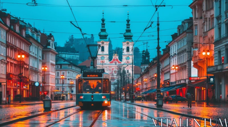 Twilight Tram: Captivating Urban Serenity AI Image