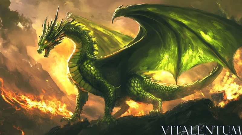 AI ART Emerald Dragon on Fiery Peak