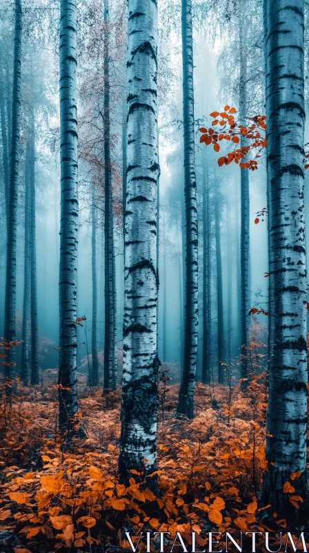 AI ART Birch Trees in Misty Autumn Forest