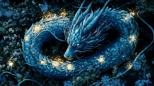 Azure Dragon Amidst Floral Whispers