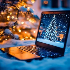 Christmas Tree with Lights on Laptop Screen in The Snow