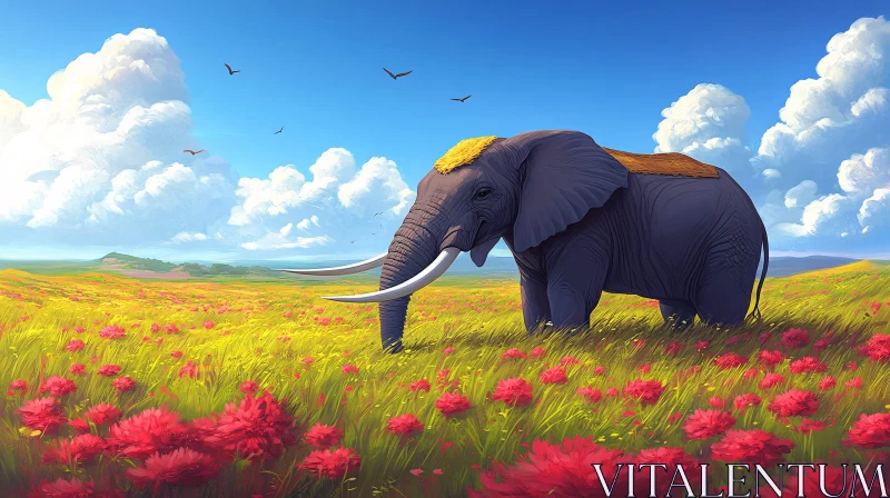 Elephant in a Lush Meadow Landscape AI Image