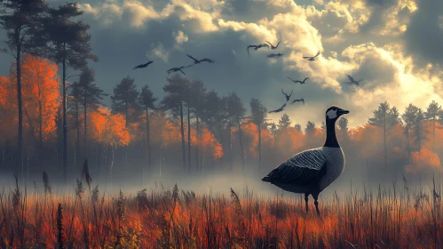Goose and Migration Scene in Forest