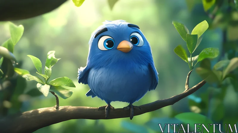 AI ART Cartoon Bluebird Perched in Lush Greenery